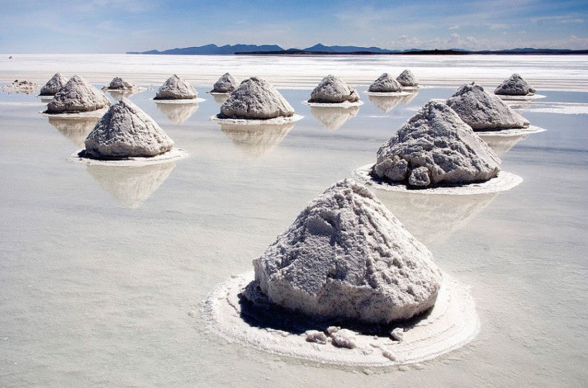 Piles of salt can be found throughout Bolivia's Uyuni Salt Flats. Photo via Wikipedia Commons.