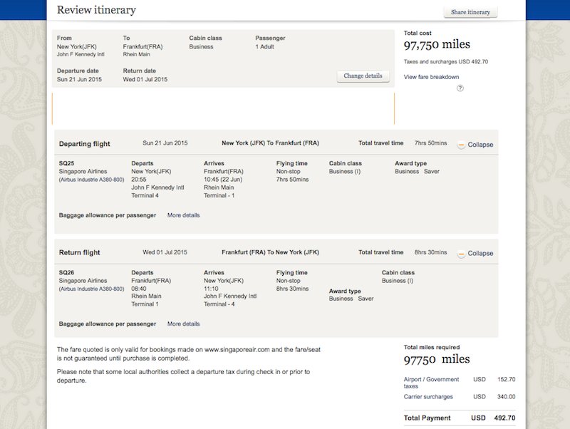 A roundtrip award will cost you under 100,000 miles using KrisFlyer's own mileage.