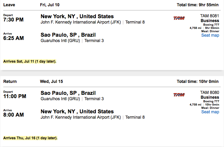New York (JFK)-São Paulo (GRU) for $1,670 on TAM.