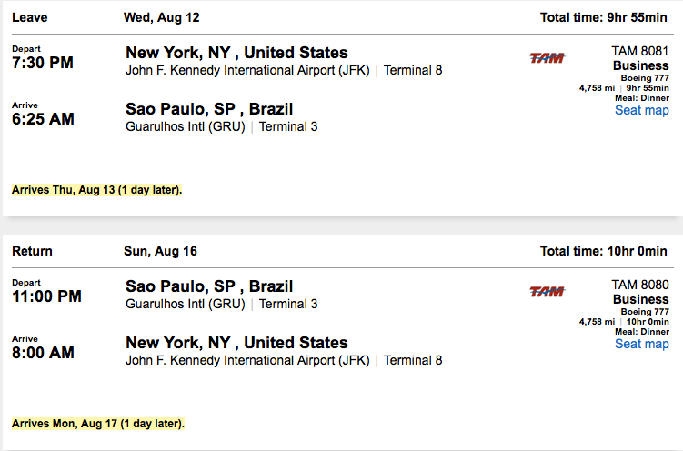 New York (JFK)-São Paulo (GRU) for $1,670 on TAM.