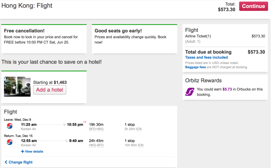San Francisco (SFO)-Hong Kong (HKG) on Korean Air for $573
