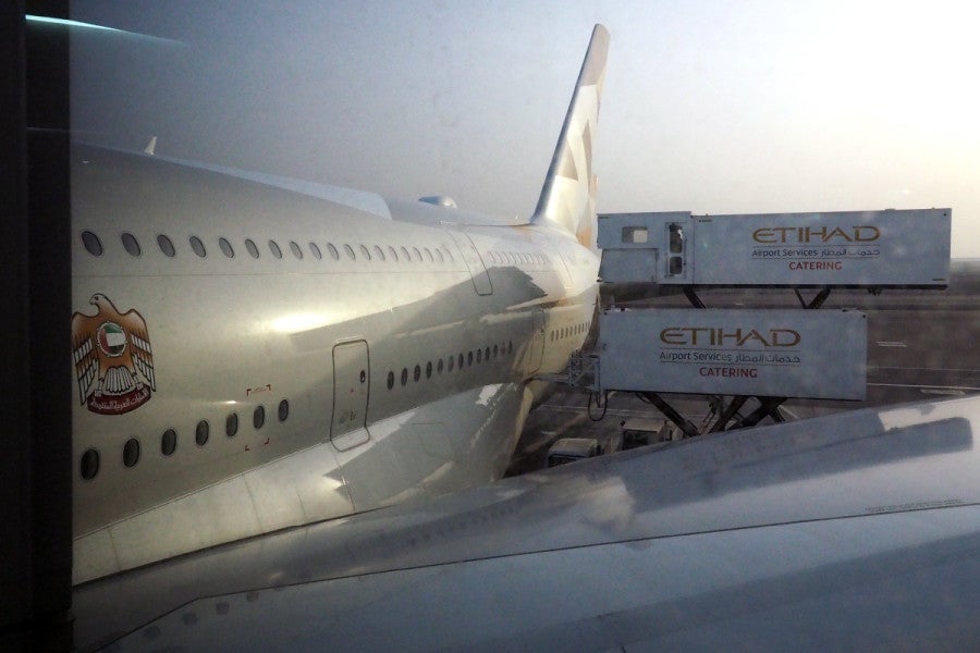 Etihad's A380 after landing in Abu Dhabi.