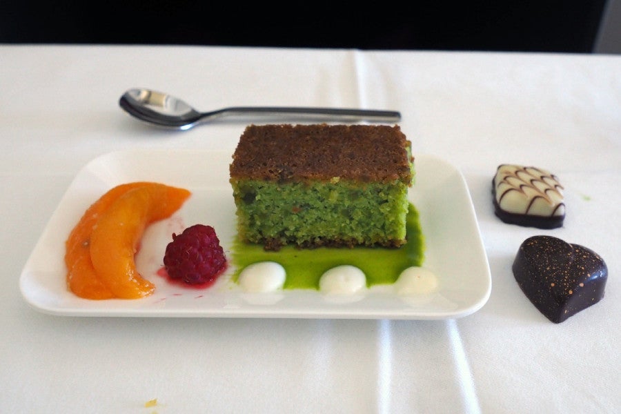 Dessert was a pistachio and lime cake, served with Swiss chocolates.