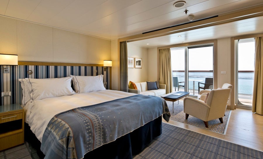 Viking River Cruises offer some lavish rooms. This is the Penthouse Junior Suite with living area and balcony. Photo: Viking