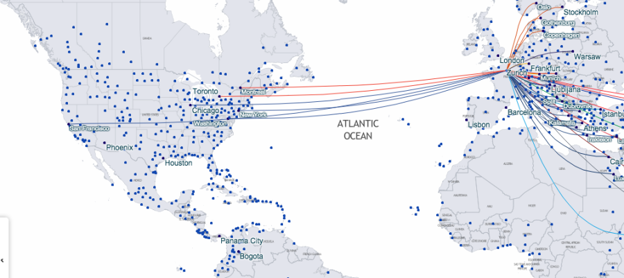 Searching the Star Alliance route map for destinations from Paris quickly identifies all US destinations. 
