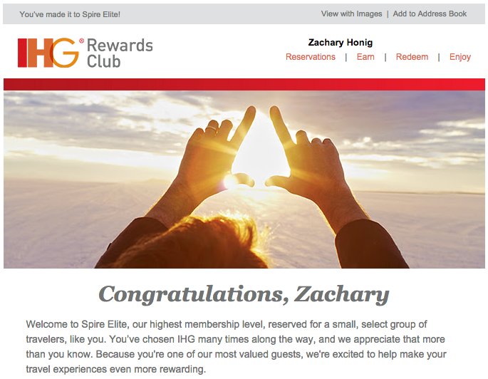 My welcome to IHG Spire Elite.