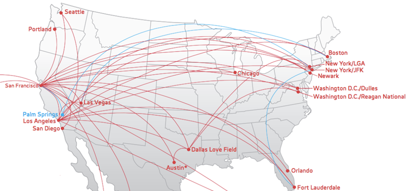 Virgin America flies to California from Florida, Washington, Boston and New York.