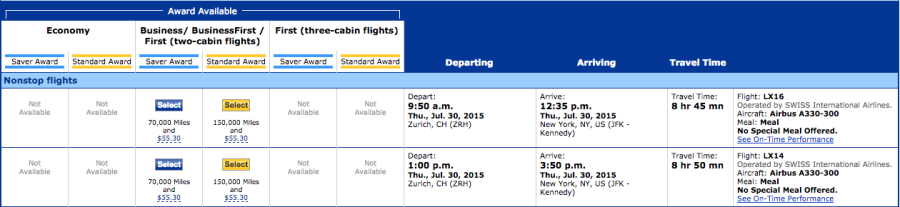 Swiss business-class award availability is great for last-minute flights.
