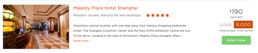 I need a hotel in Shanghai for 2 nights, which could earn me 8,000 AAdvantage miles.