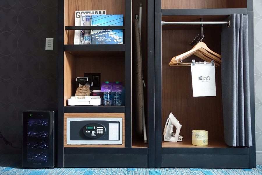 The closet/beverage/safe area.