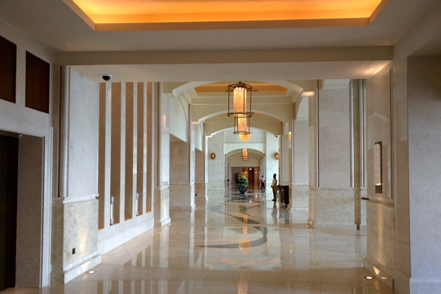 The hotel's huge, modern lobby.