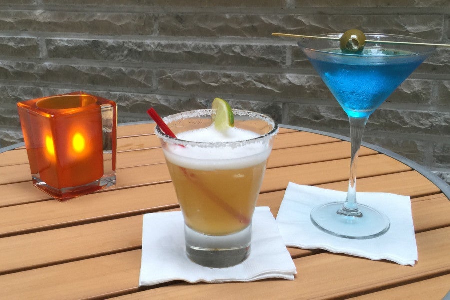 A Perfect Patron Margarita ($14) and The Sky is Blue Martini ($12).