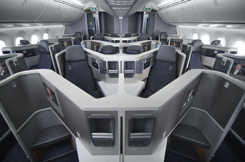American's new business-class seats are angled toward one another.
