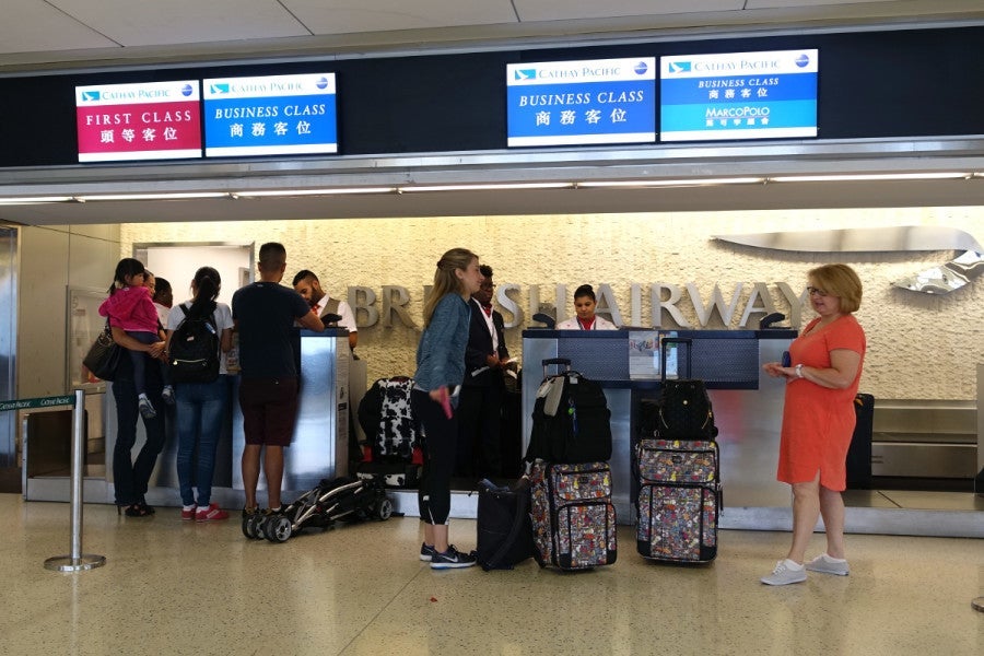 Cathay Pacific has premium check-in counters at the far left side of Terminal 7.