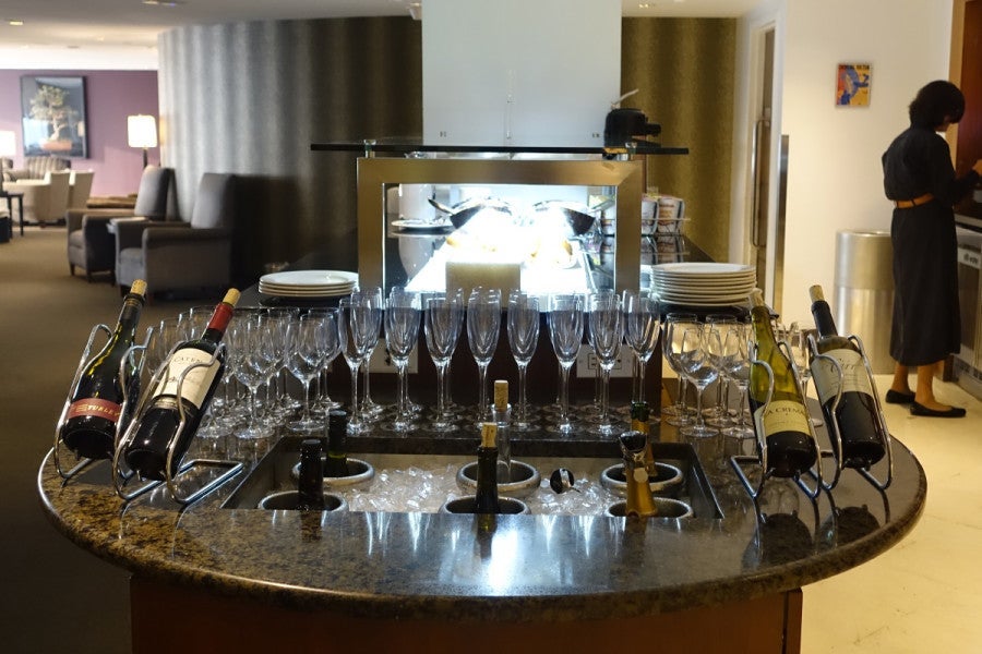 Wine and Champagne spread at the BA first-class lounge.