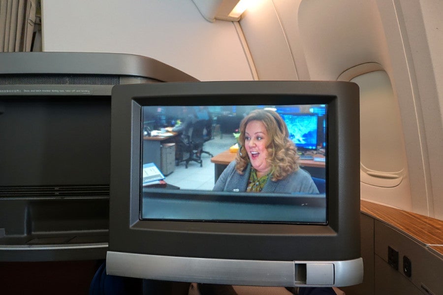 Each first-class seat has a 15.4-inch entertainment display.