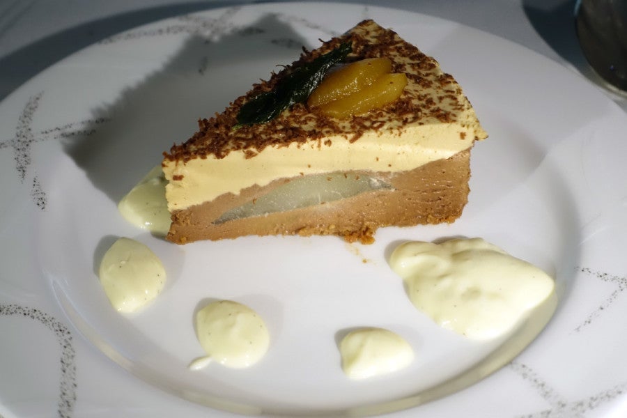 A pear mousse cake for dessert.
