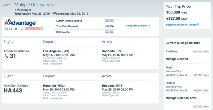 LAX to Brisbane pricing as two awards rather than one.