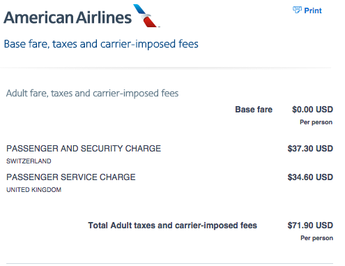 AA award flight taxes & fees