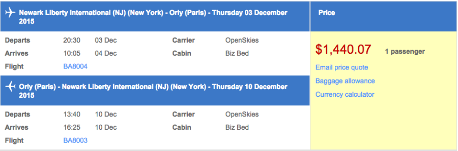 Newark (EWR) to Paris (ORY) in business class on OpenSkies for $1,440.