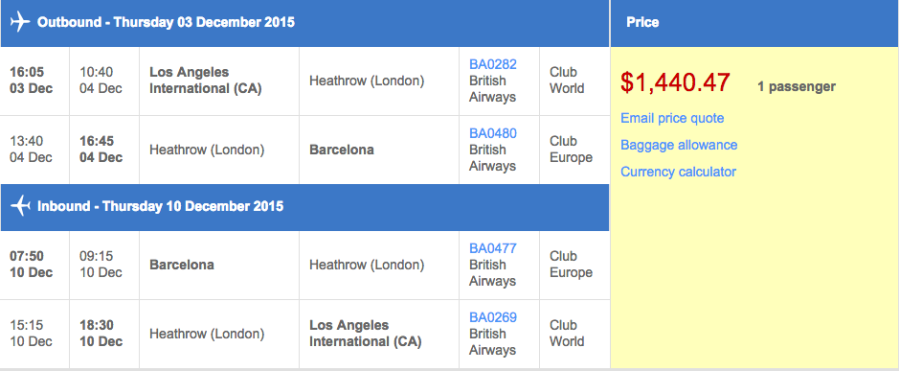 Los Angeles (LAX) to Barcelona (BCN) in business class on British Airways for $1,440.