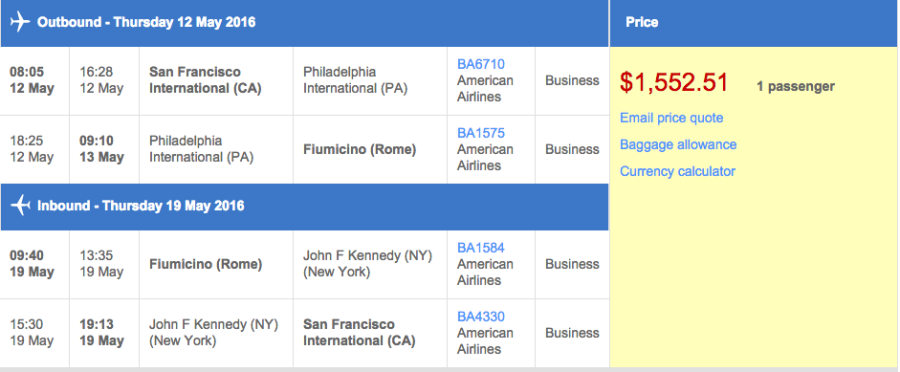 San Francisco (SFO) to Rome (FCO) in business class on British Airways for $1,553.