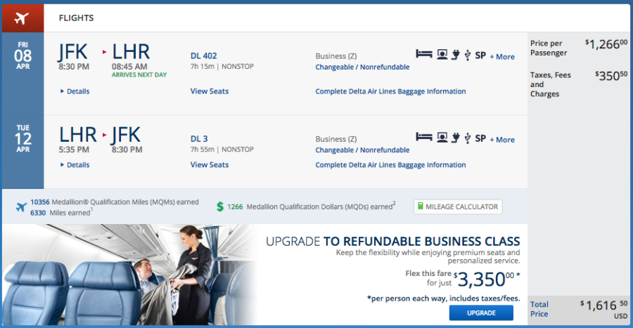 New York (JFK) to London (LHR) for $1,617 in business class on Delta.
