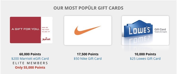 Gift cards available for purchase with Marriott Rewards points.