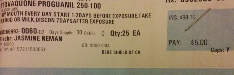 Calling my insurance company reduced the price of these anti-malaria pills to $5. - Photo courtesy of the author.