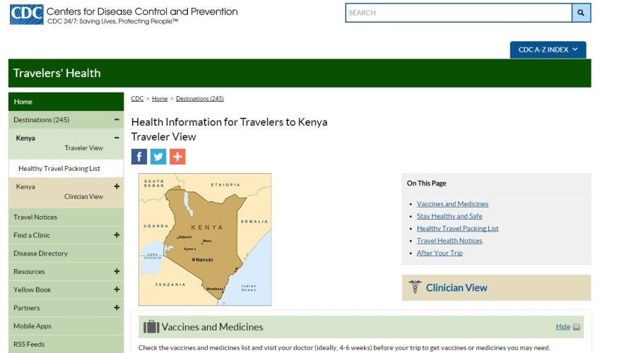 The CDC website recommends vaccines for visiting Kenya.