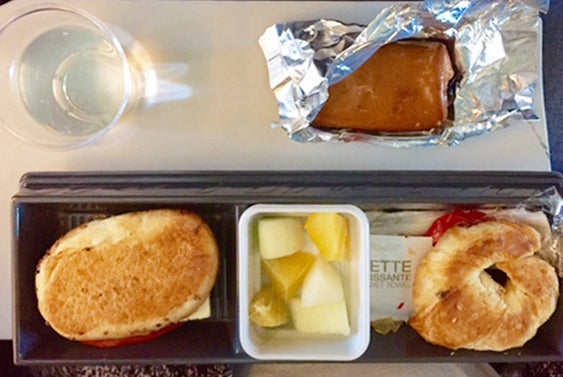 On Air France, a mere three-hour flight gets you breakfast — a carb-y breakfast, but still. 