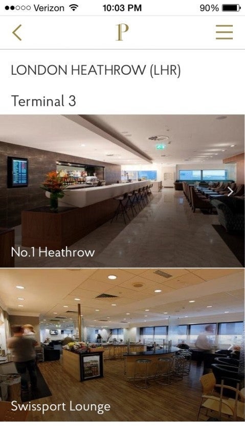 The Priority Pass app shows the lounges broken down by terminal.