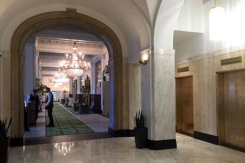 There's no shortage of chandeliers in the lobby.