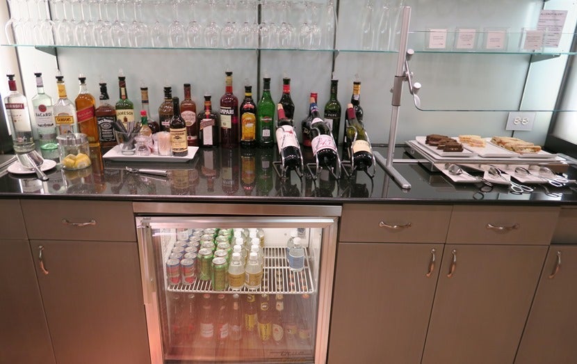 Self-serve food and drink spread.