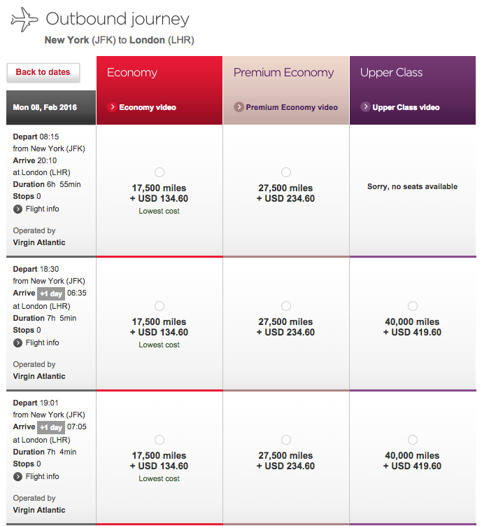 VS award flight selection