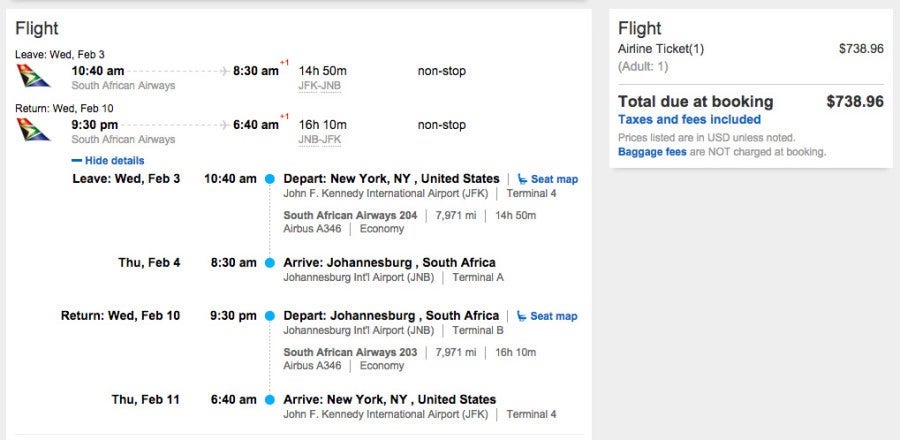 New York (JFK) to Johannesburg, South Africa (JNB) for $739 on South African.