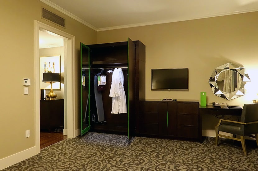 Our spacious King room, with attractive dark-wood furnishings.