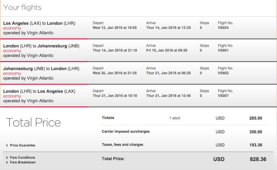 Los Angeles (LAX) to Johannesburg, South Africa (JNB) for $828 on Virgin Atlantic.