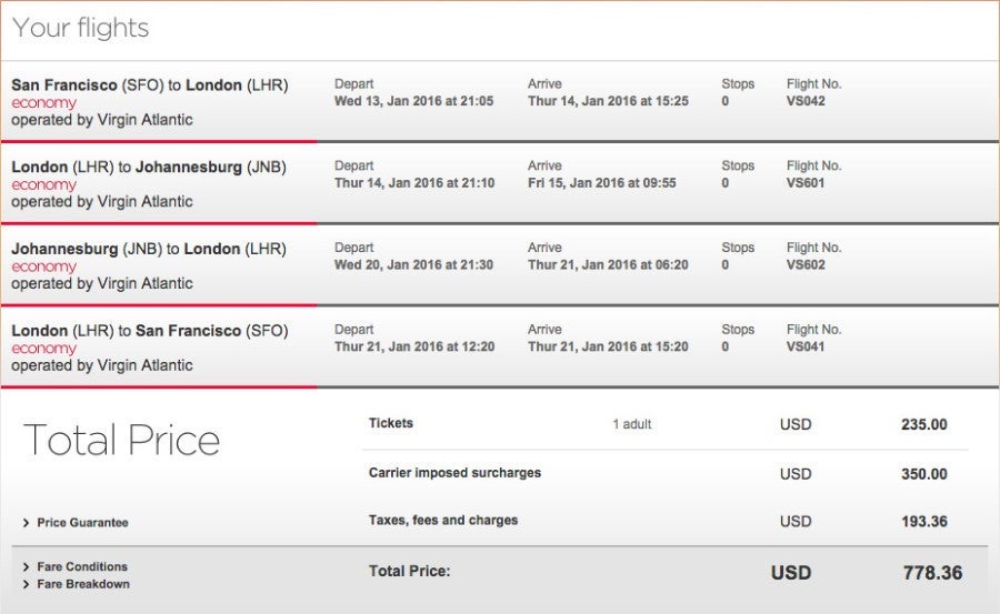 San Francisco (SFO) to Johannesburg, South Africa (JNB) for $778 on Virgin Atlantic.