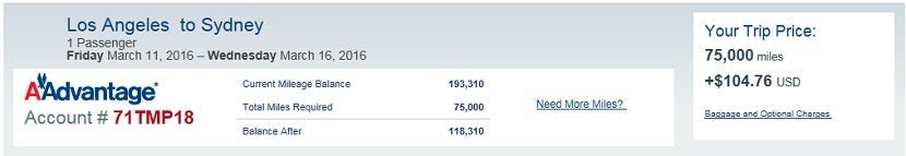 American charges 15,000 miles and $312 less than Qantas for an economy ticket to Australia.