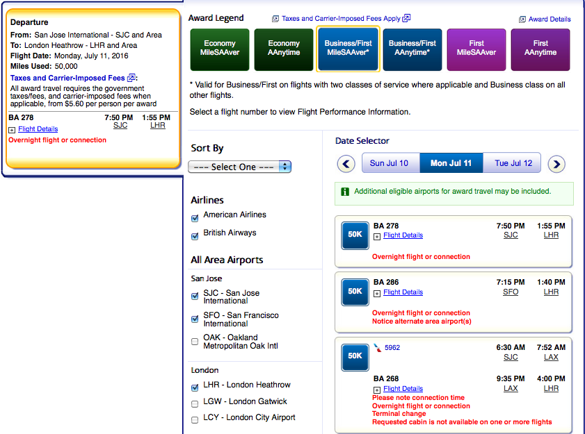BA SJC SFO LAX LHR