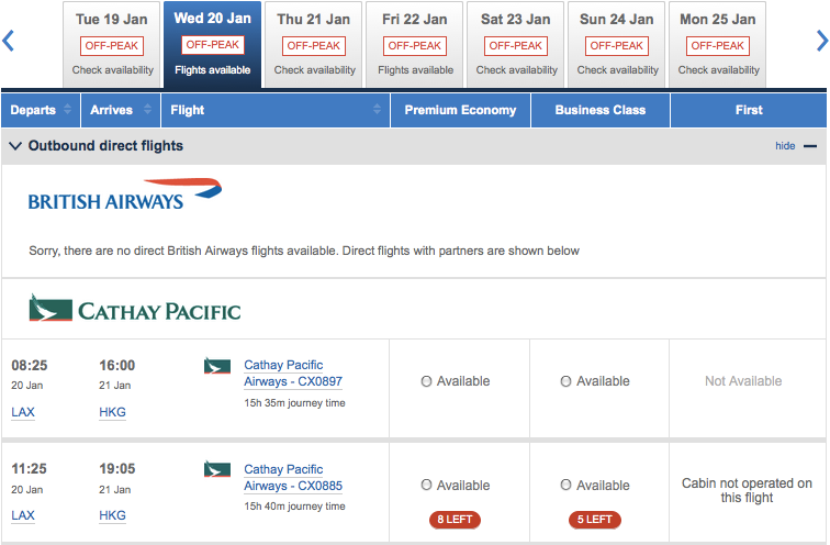 Cathay award availability often opens up close in.