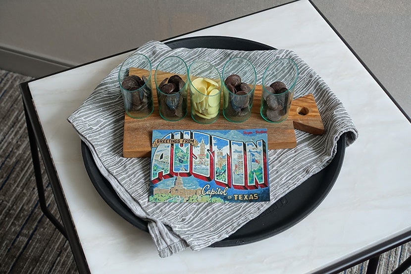 Chocolate nibs and an Austin postcard: our welcome amenity.