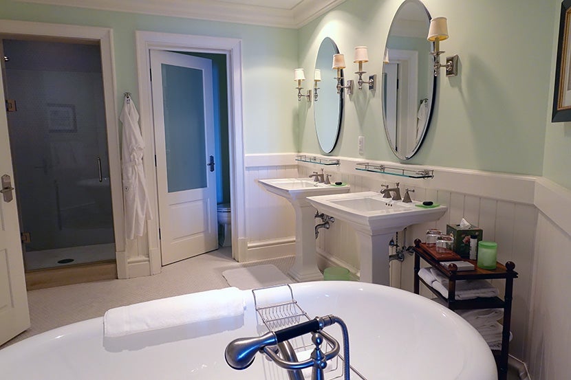 The spacious bathroom featured a standalone tub.