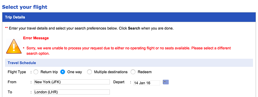 If you try to book this same route now, you'll be presented with this message.