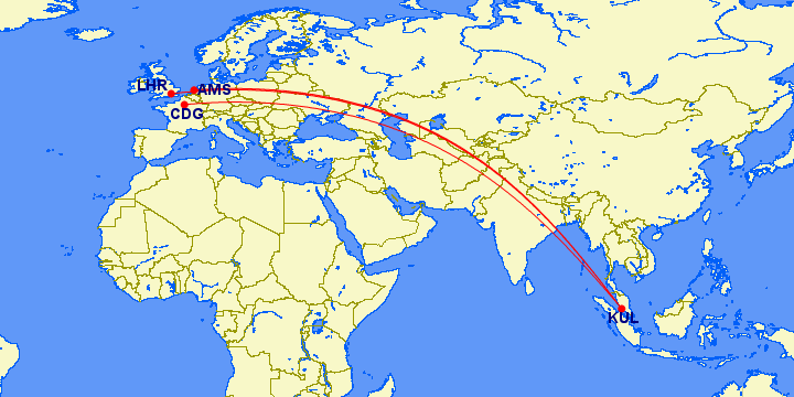 This Great Circle Map routing from gcmap.com shows that the shortest route between Europe and Malaysia overflies Russia.