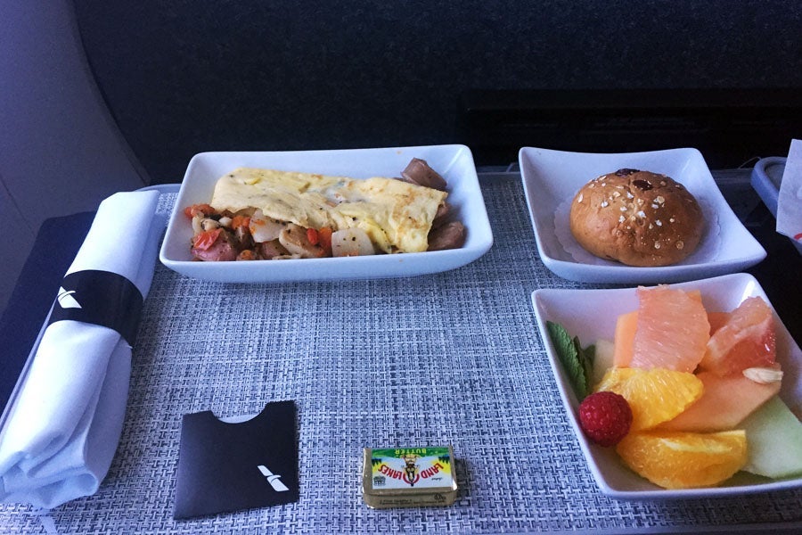 Breakfast from MIA-PTY. Eggs, Chicken, Sausage.