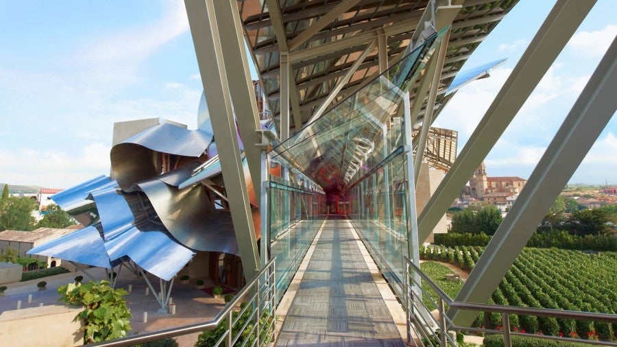 The glass, metal and wood footbridge.