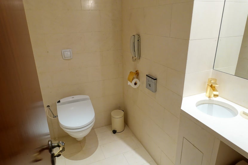 There's a small bathroom in the living room.