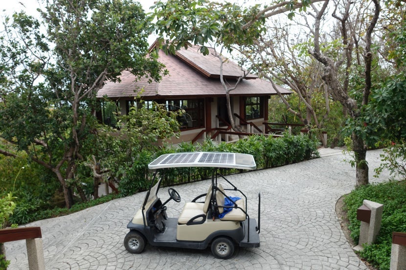 Our personal golf cart, parked outside the resort's fitness center.